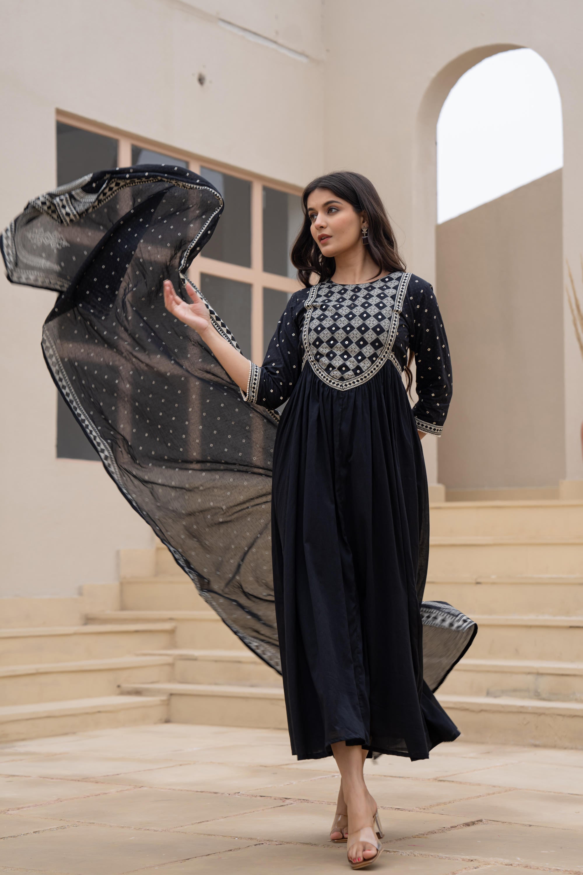 Juniper Black Anarkali Dress with Embroidered Dupatta