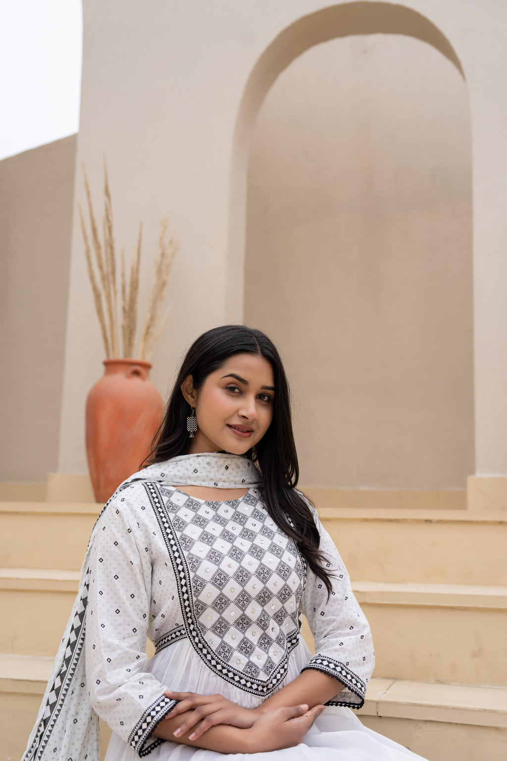 Juniper White Anarkali Dress With Embroidered Dupatta - Distacart
