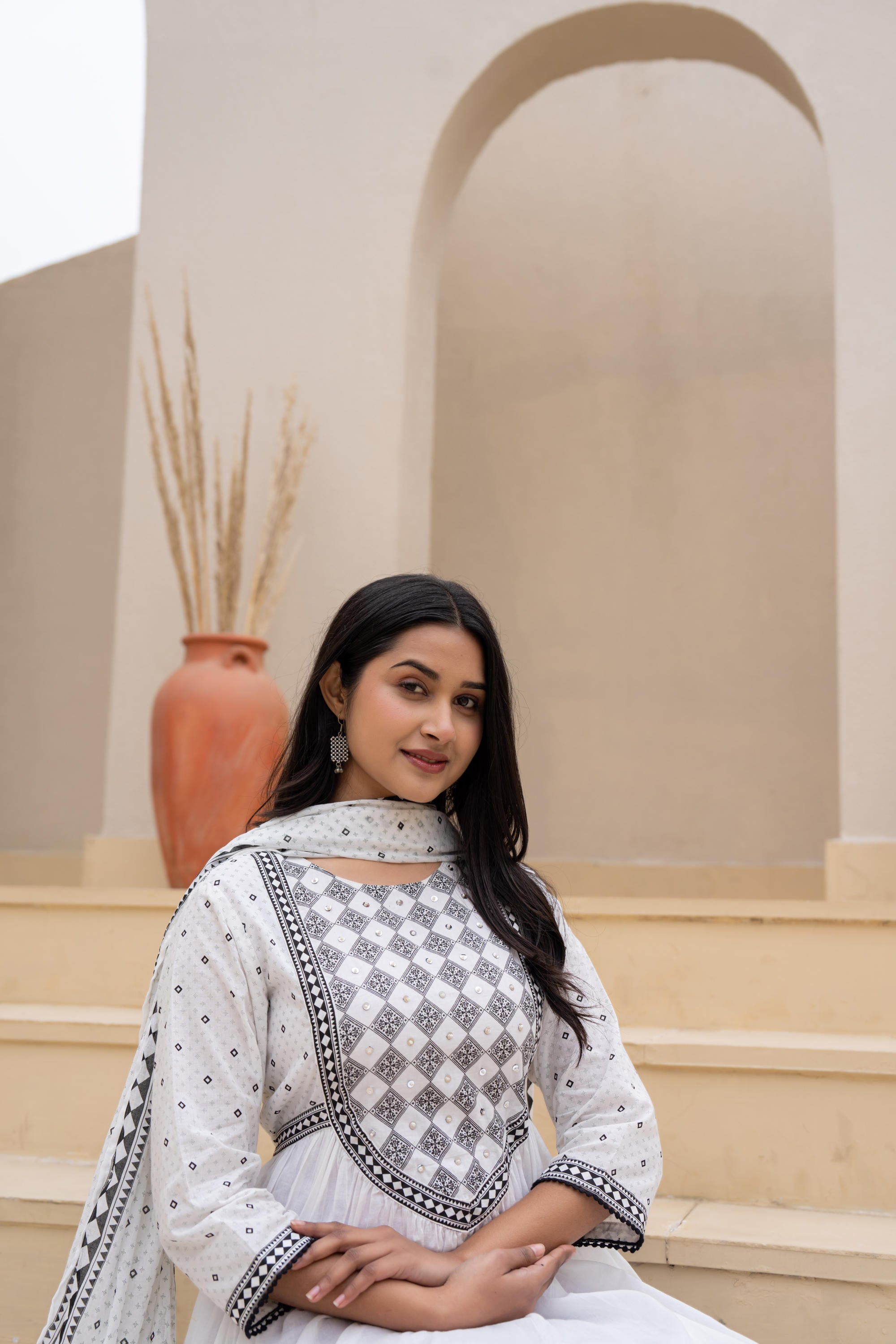 Juniper White Anarkali Dress With Embroidered Dupatta - Distacart