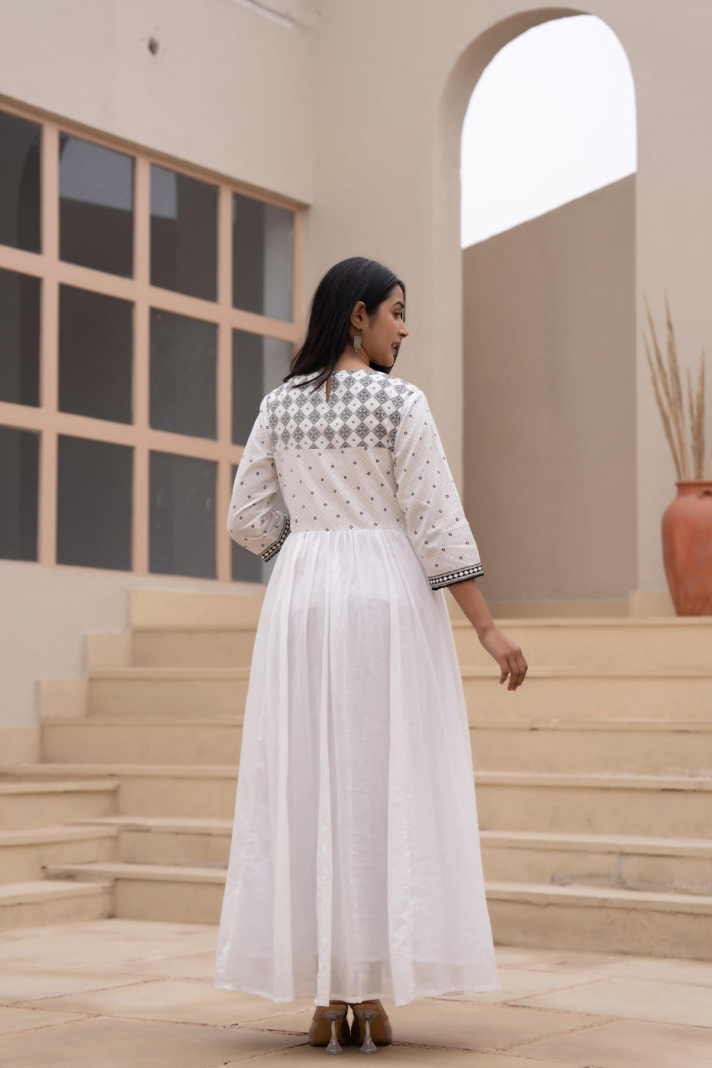 Juniper White Anarkali Dress With Embroidered Dupatta - Distacart