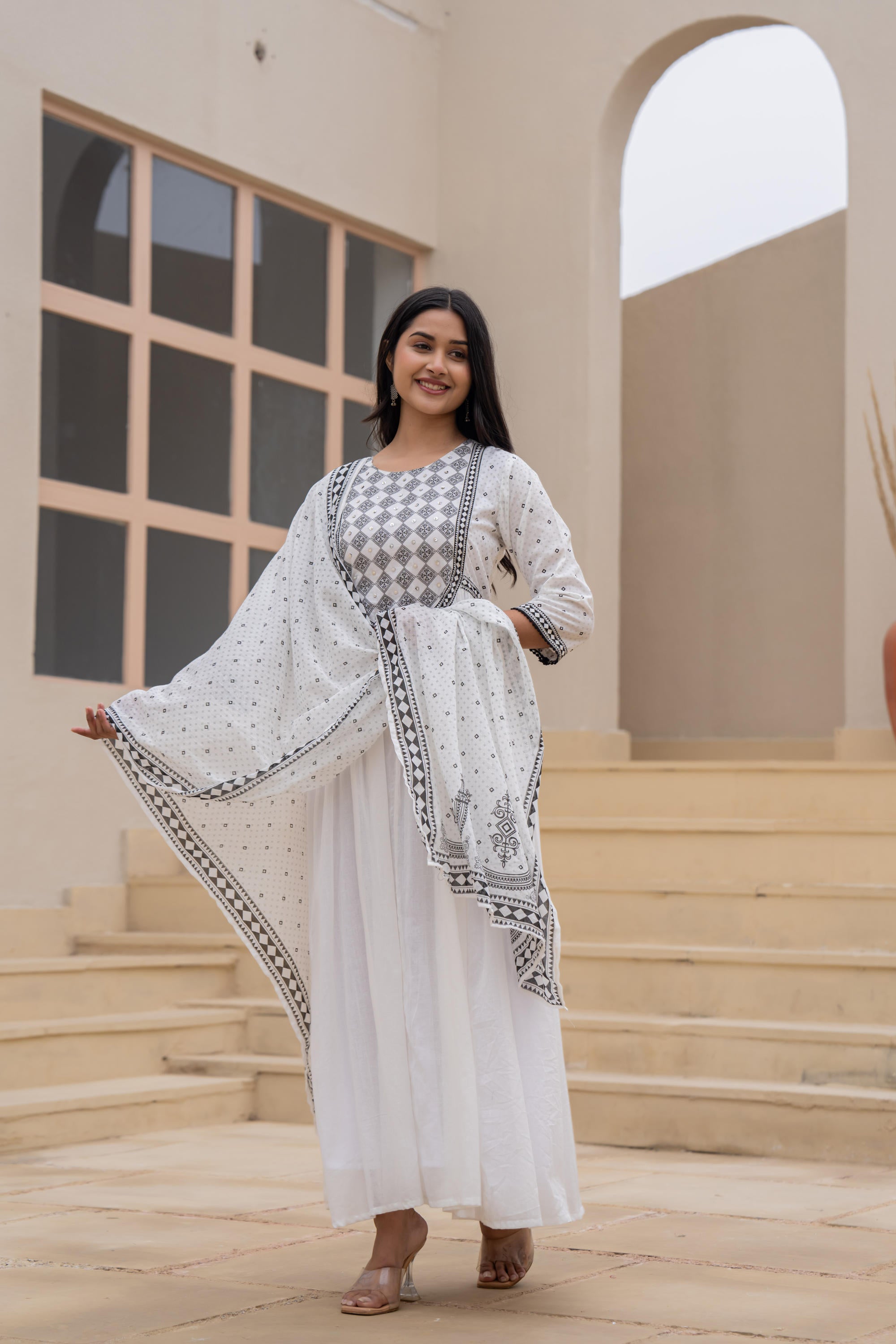 Juniper White Anarkali Dress With Embroidered Dupatta - Distacart
