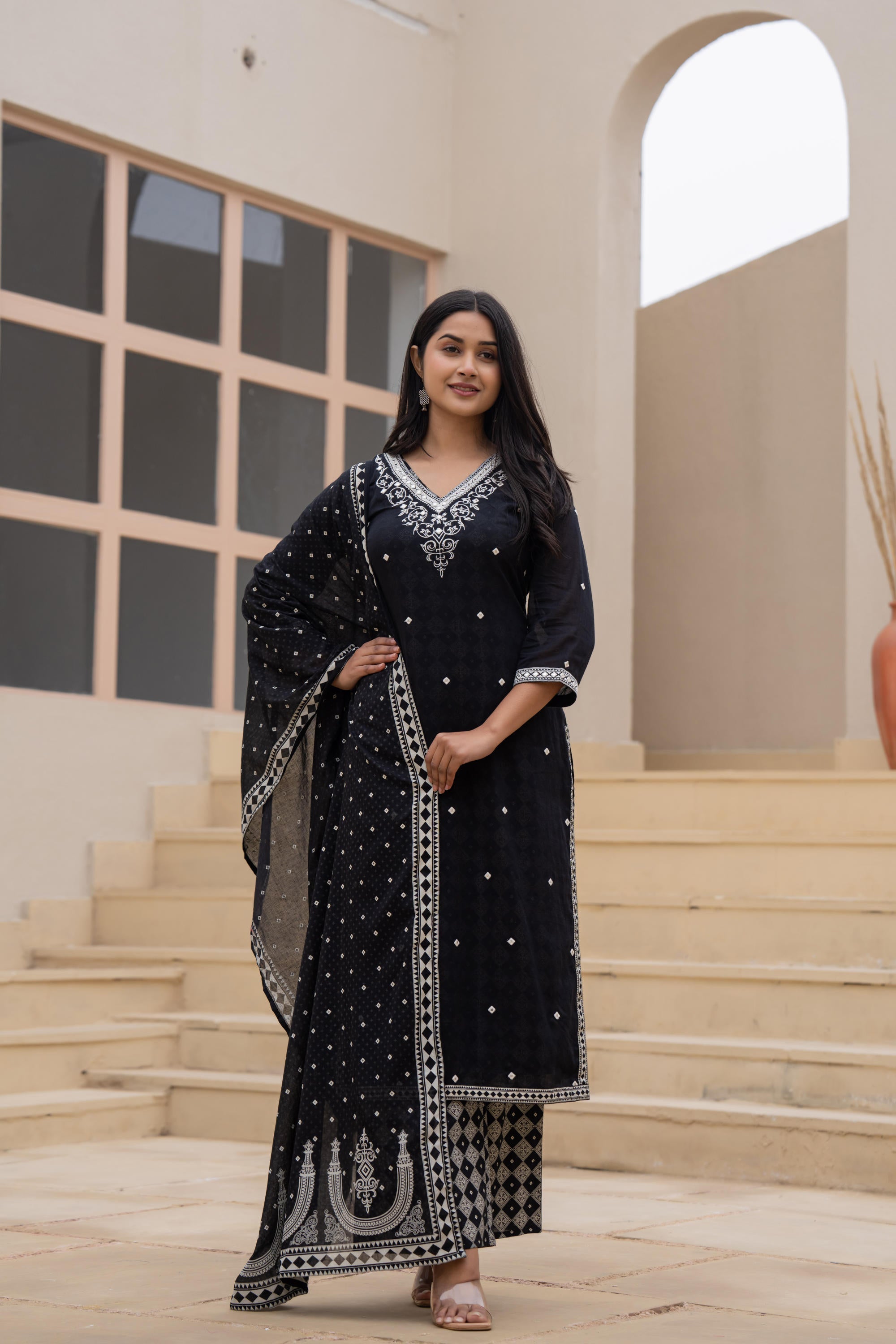 Juniper Black Printed Cotton Kurta Set With Embroidered Neckline & Dupatta - Distacart