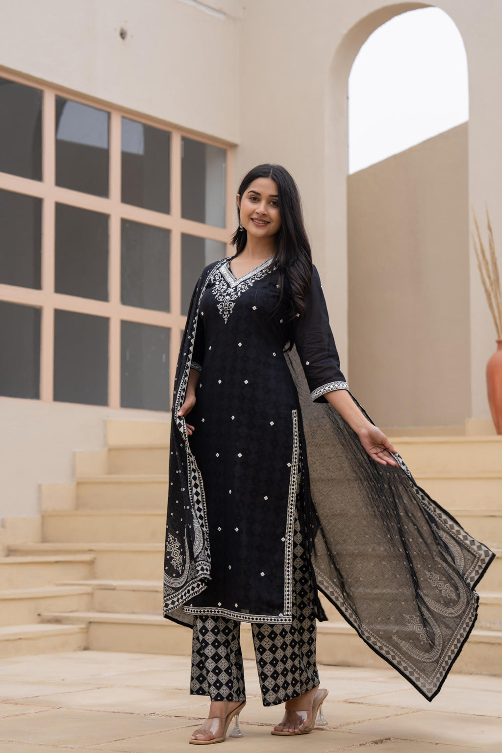 Juniper Black Printed Cotton Kurta Set with Embroidered Neckline & Dupatta - Distacart