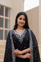 Juniper Black Printed Cotton Kurta Set with Embroidered Neckline & Dupatta - Distacart