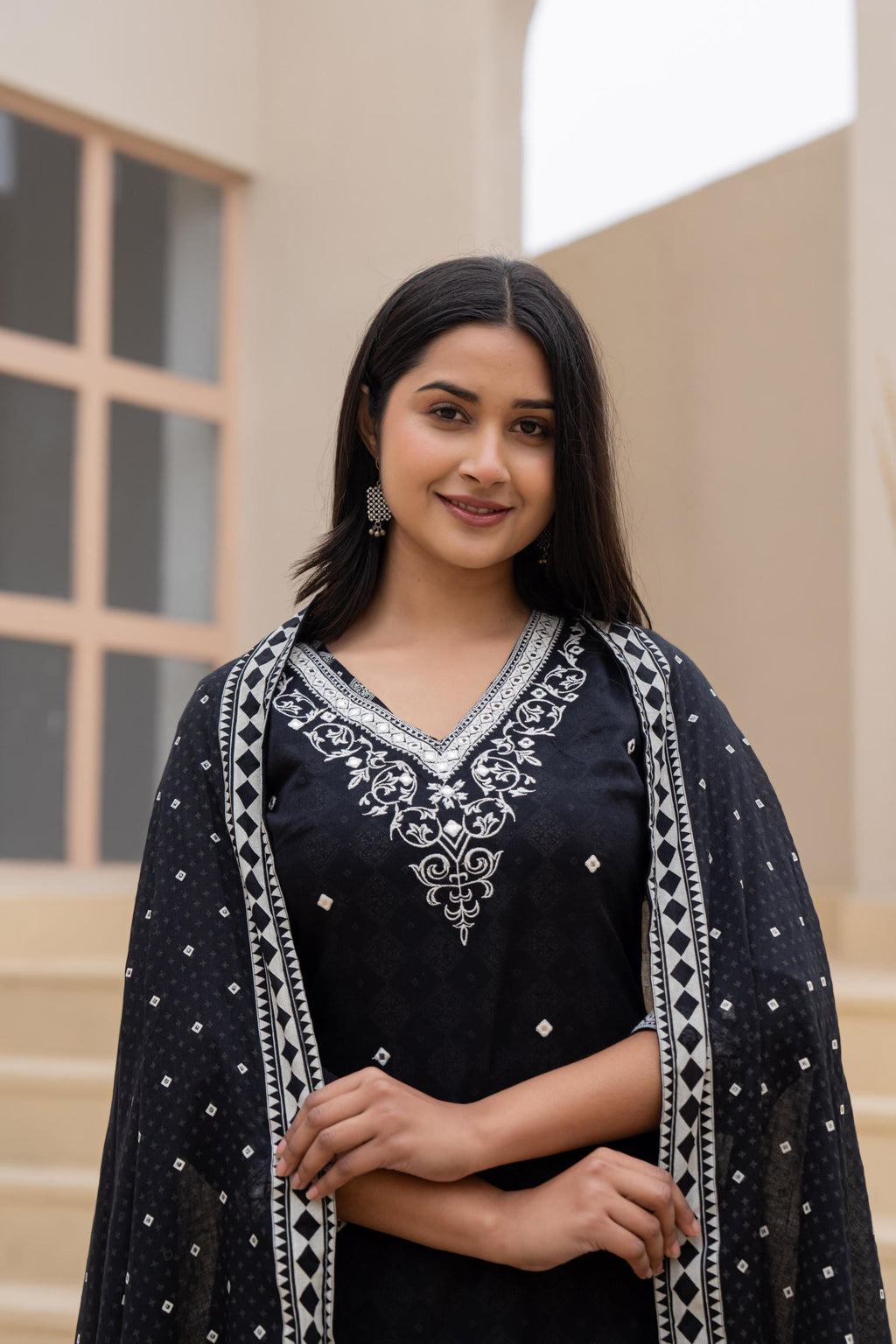 Juniper Black Printed Cotton Kurta Set With Embroidered Neckline & Dupatta - Distacart