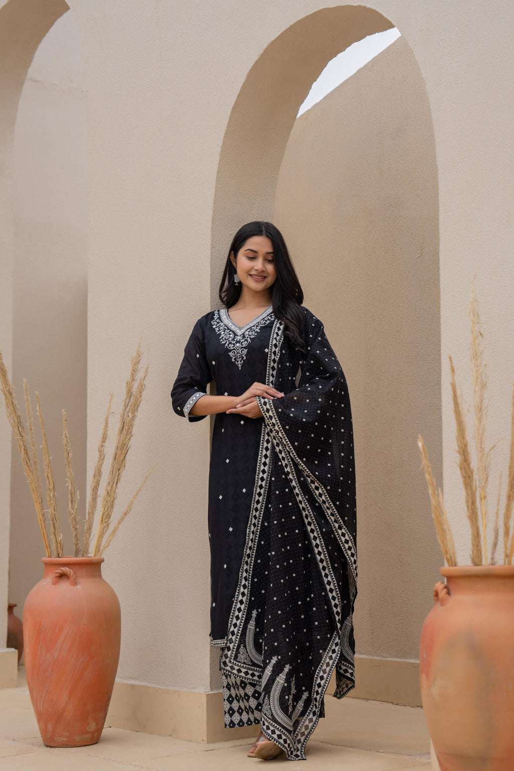 Juniper Black Printed Cotton Kurta Set With Embroidered Neckline & Dupatta - Distacart