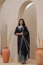 Juniper Black Printed Cotton Kurta Set With Embroidered Neckline & Dupatta - Distacart