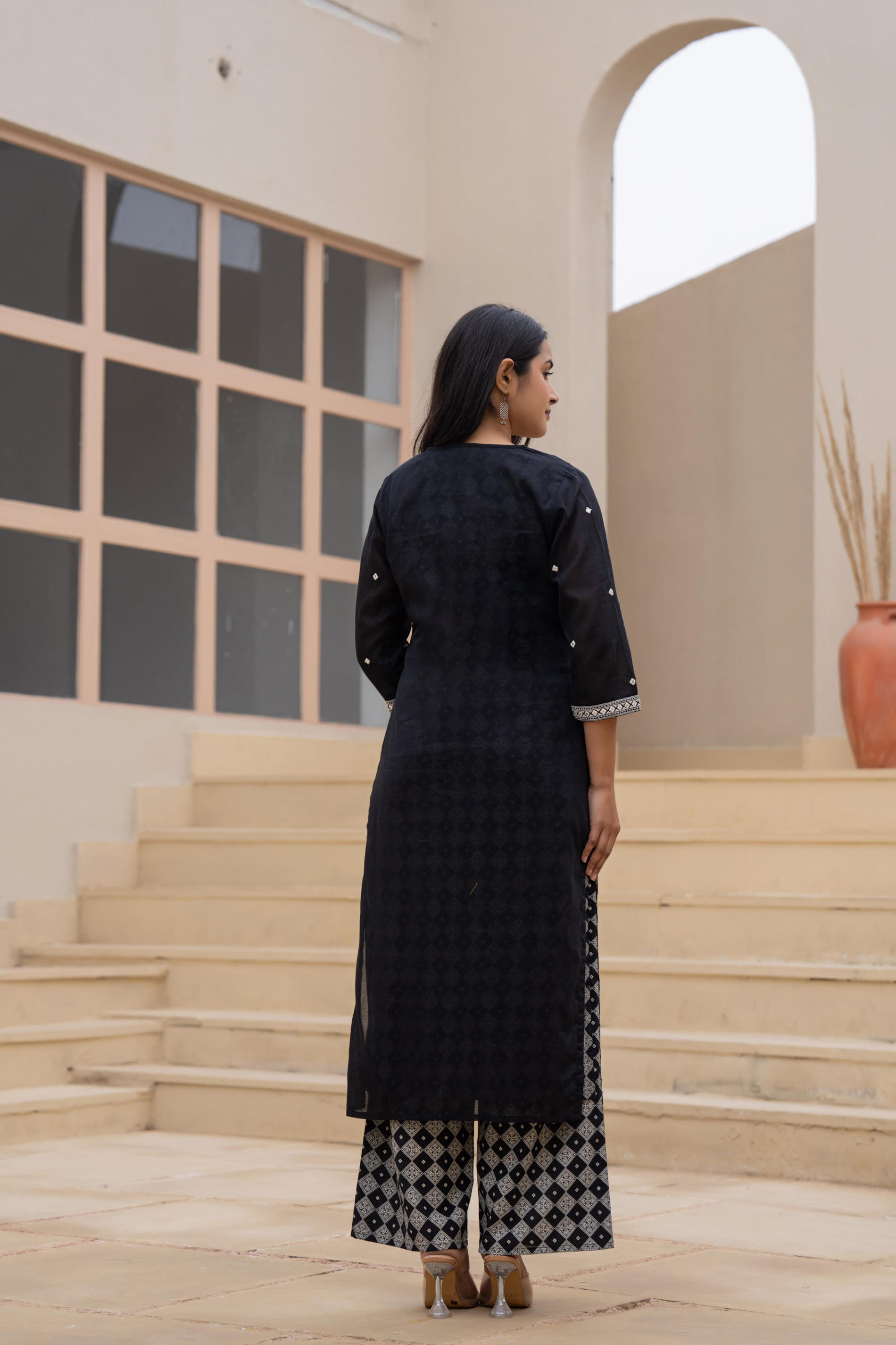 Juniper Black Printed Cotton Kurta Set With Embroidered Neckline & Dupatta - Distacart