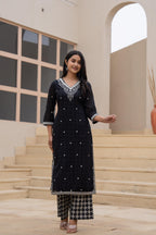 Juniper Black Printed Cotton Kurta Set with Embroidered Neckline & Dupatta - Distacart
