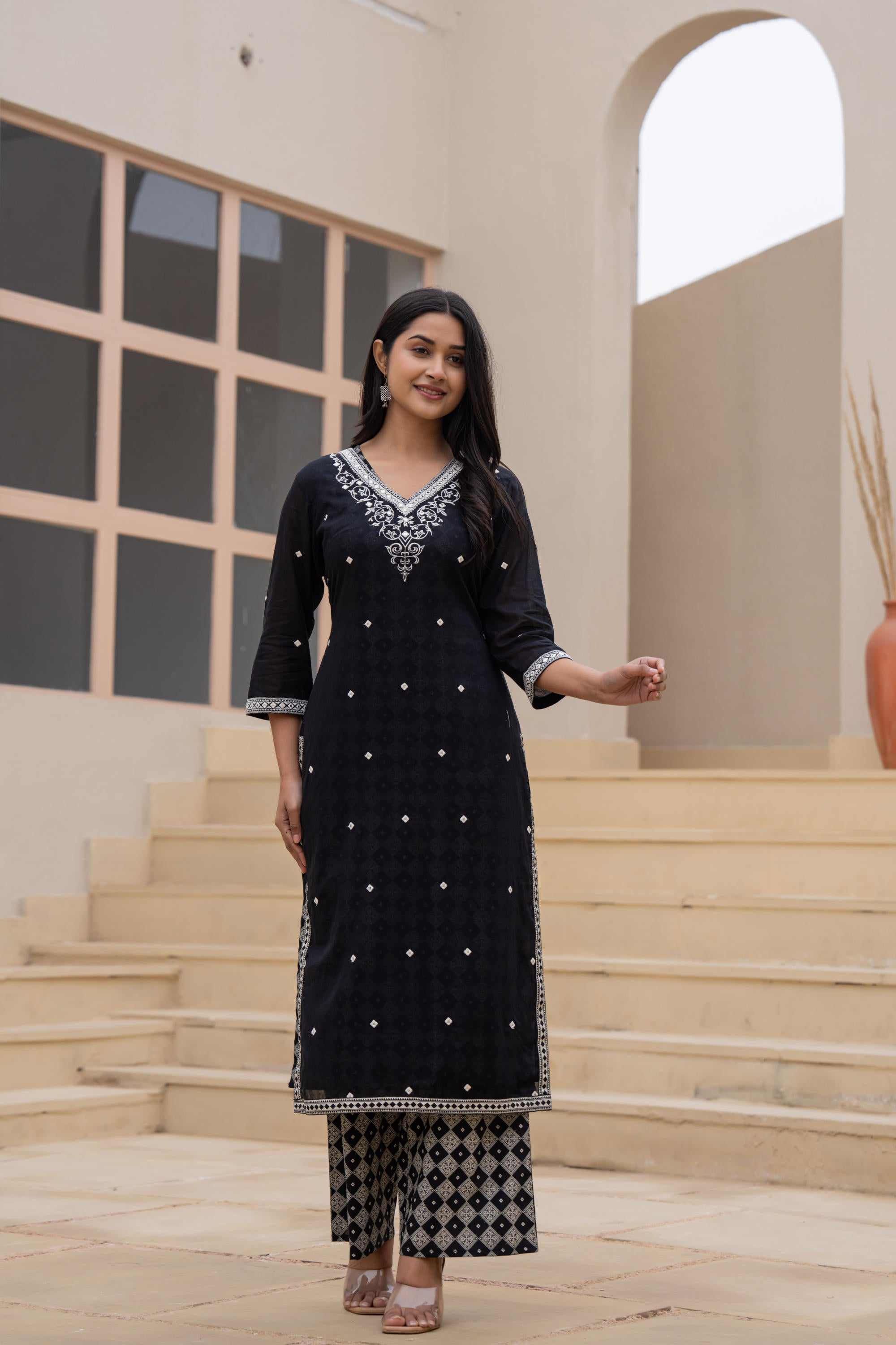 Juniper Black Printed Cotton Kurta Set with Embroidered Neckline & Dupatta - Distacart
