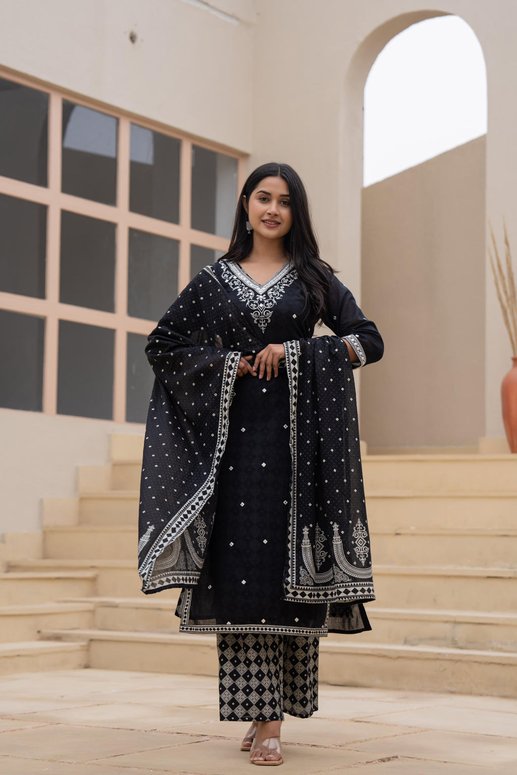 Juniper Black Printed Cotton Kurta Set with Embroidered Neckline & Dupatta - Distacart