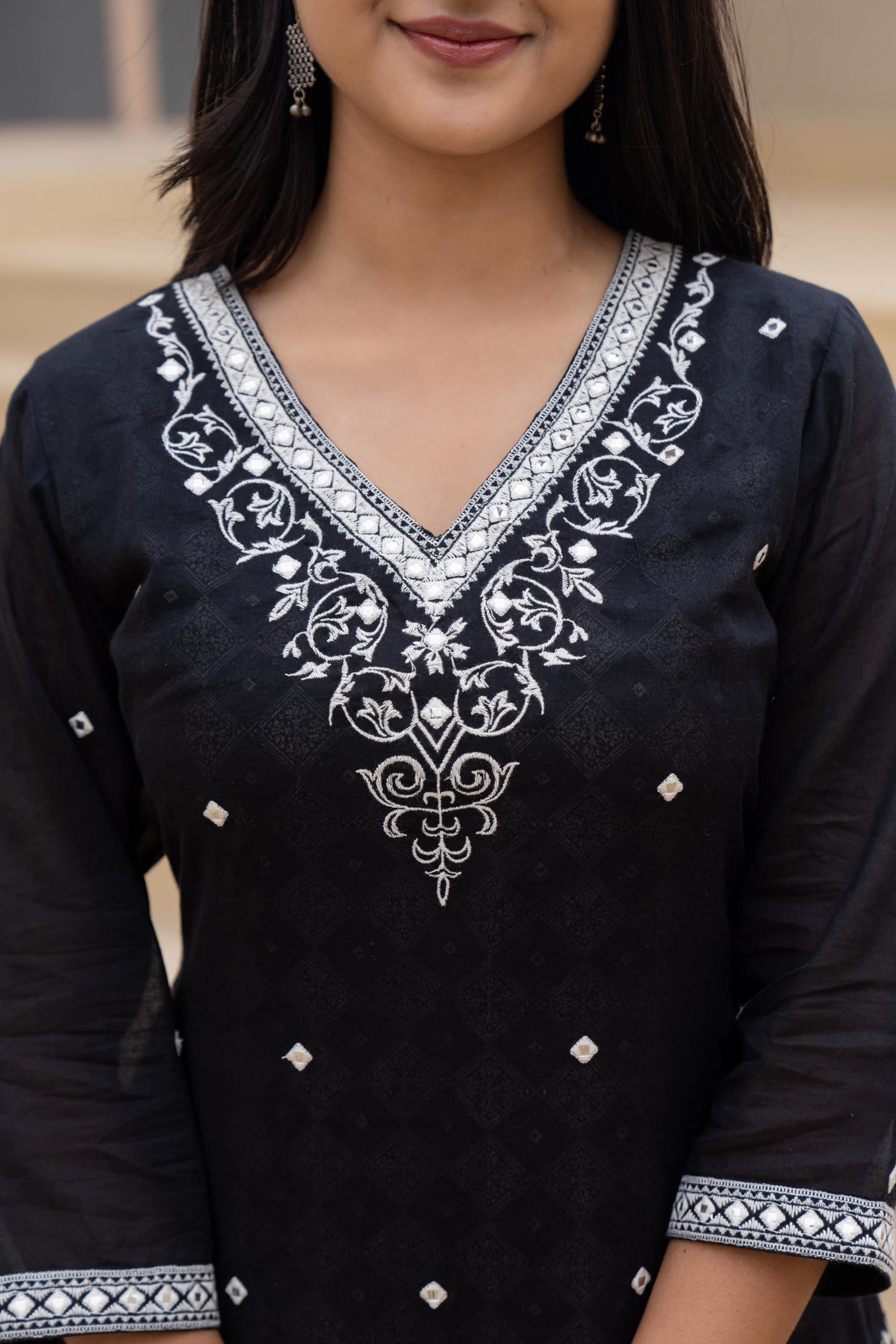 Juniper Black Printed Cotton Kurta Set with Embroidered Neckline & Dupatta - Distacart