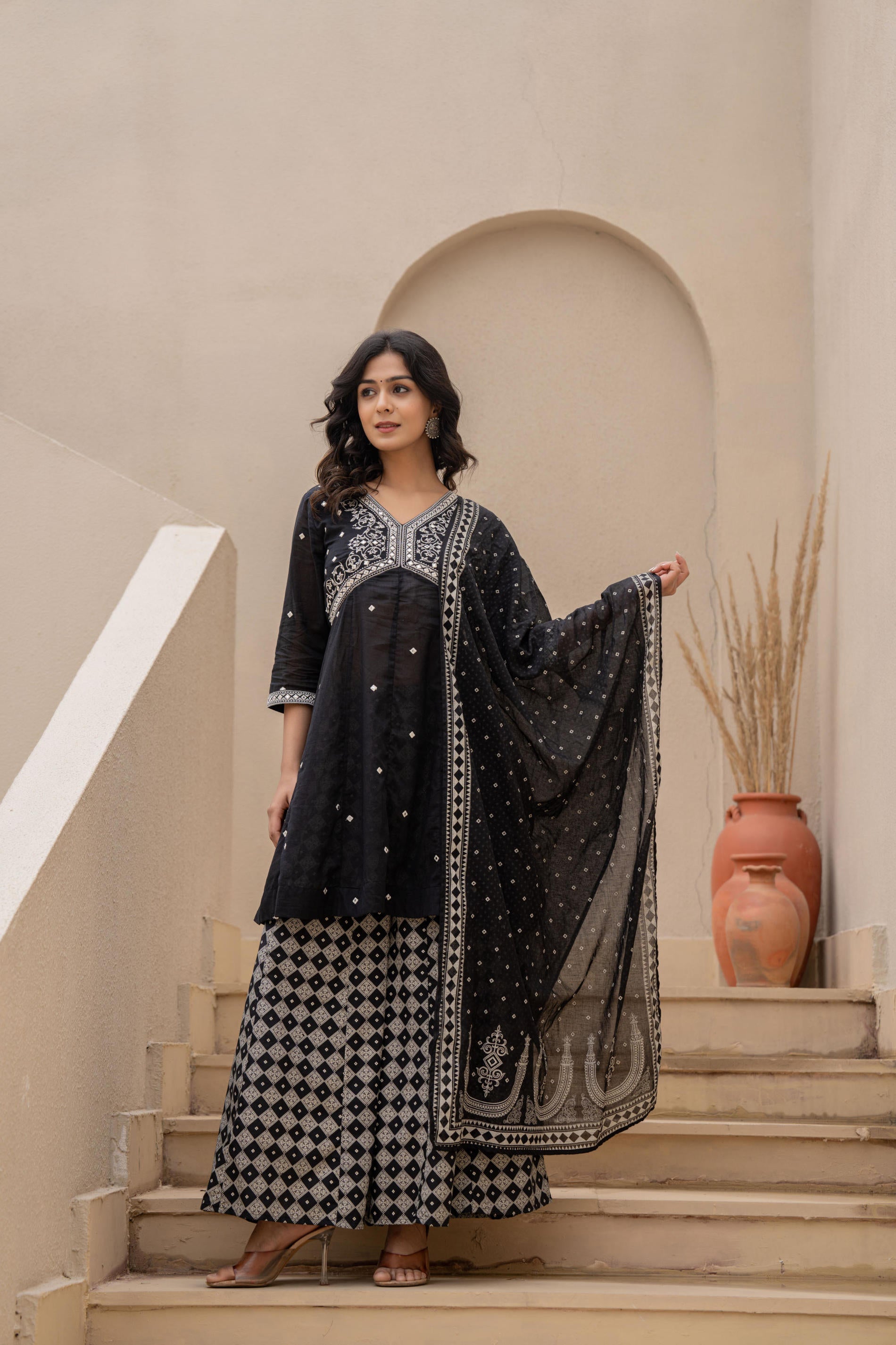 Juniper Black Kurta Set with Heavy Embroidered Neck and Printed Palazzo - Distacart