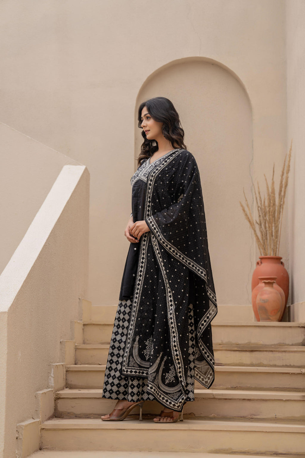 Juniper Black Kurta Set with Heavy Embroidered Neck and Printed Palazzo - Distacart