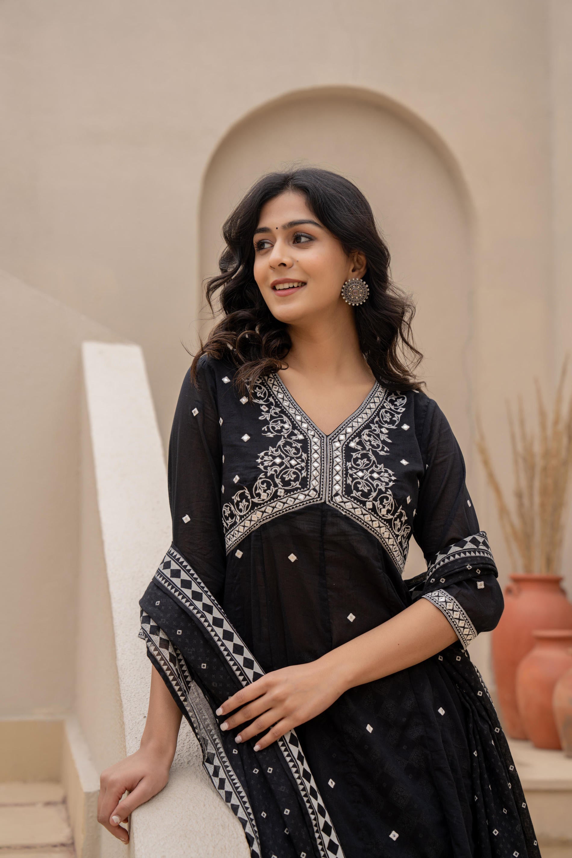 Juniper Black Kurta Set with Heavy Embroidered Neck and Printed Palazzo - Distacart