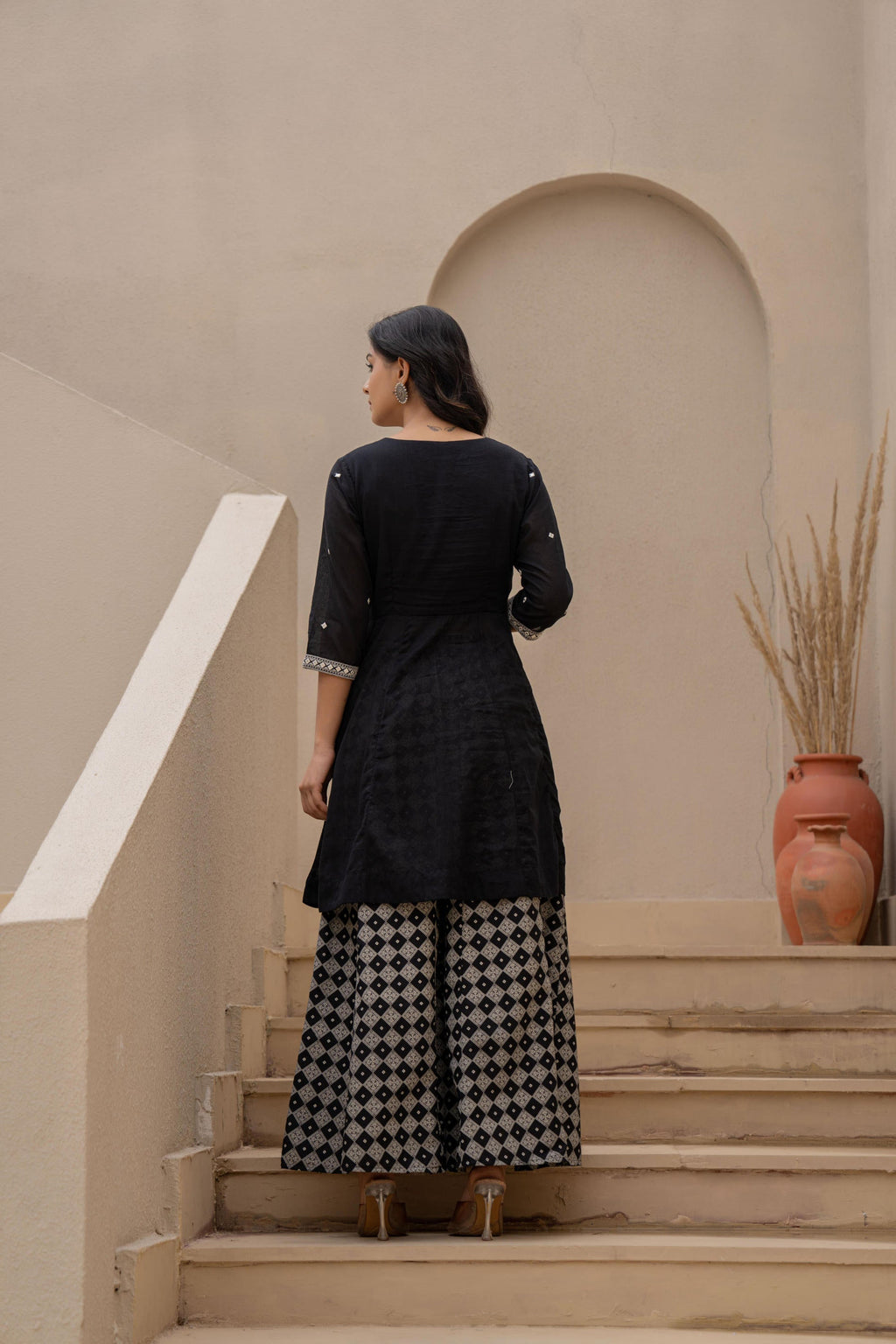 Juniper Black Kurta Set with Heavy Embroidered Neck and Printed Palazzo - Distacart
