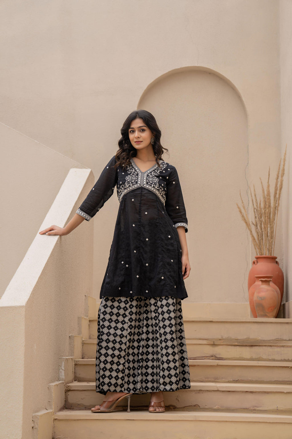 Juniper Black Kurta Set with Heavy Embroidered Neck and Printed Palazzo - Distacart