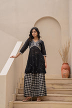 Juniper Black Kurta Set with Heavy Embroidered Neck and Printed Palazzo - Distacart