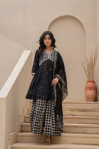 Juniper Black Kurta Set with Heavy Embroidered Neck and Printed Palazzo - Distacart