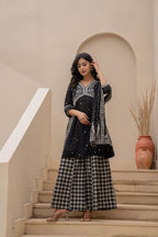Juniper Black Kurta Set with Heavy Embroidered Neck and Printed Palazzo - Distacart