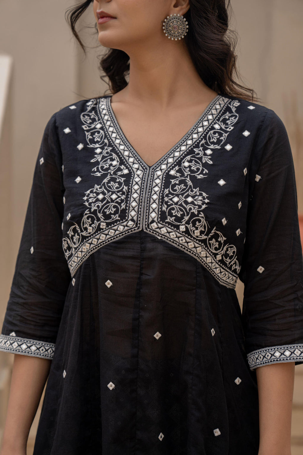 Juniper Black Kurta Set with Heavy Embroidered Neck and Printed Palazzo - Distacart