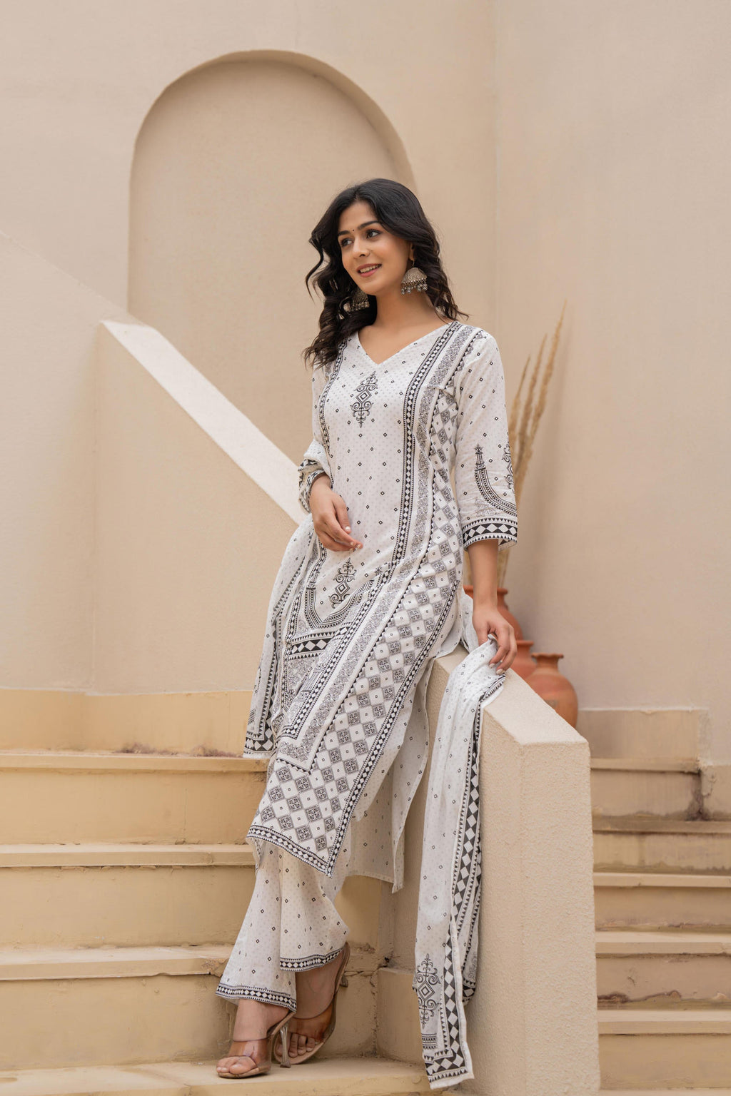 Juniper White Printed Kurta Set with Palazzo & Dupatta - Distacart