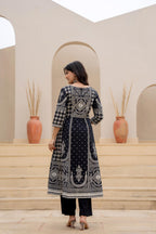 Juniper Black Ethnic Motif Printed Kurta Set With Thread & Mirror Work - Distacart