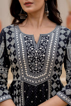 Juniper Black Ethnic Motif Printed Kurta Set With Thread & Mirror Work - Distacart