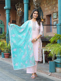 Juniper Onion Pink Embroidered Kurta Set with Aqua Floral Dupatta - Distacart