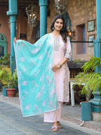 Juniper Onion Pink Embroidered Kurta Set With Aqua Floral Dupatta - Distacart