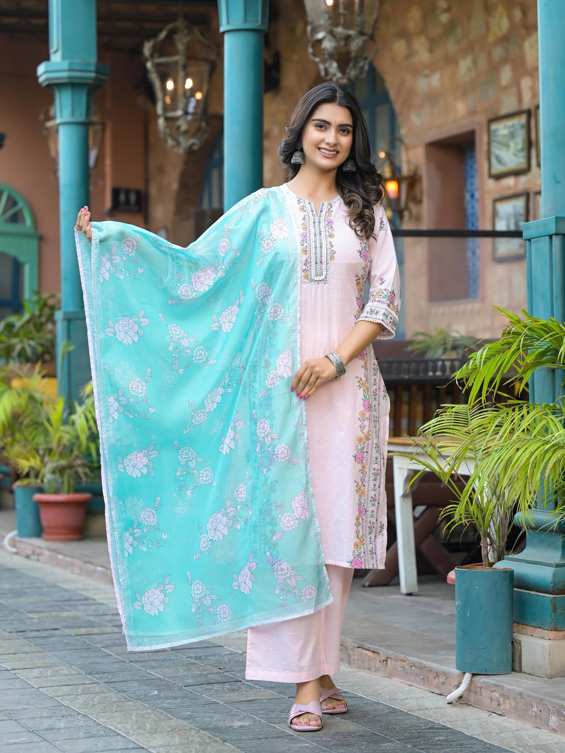 Juniper Onion Pink Embroidered Kurta Set With Aqua Floral Dupatta - Distacart