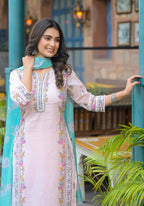 Juniper Onion Pink Embroidered Kurta Set With Aqua Floral Dupatta - Distacart
