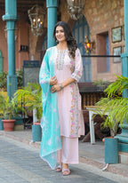 Juniper Onion Pink Embroidered Kurta Set with Aqua Floral Dupatta - Distacart