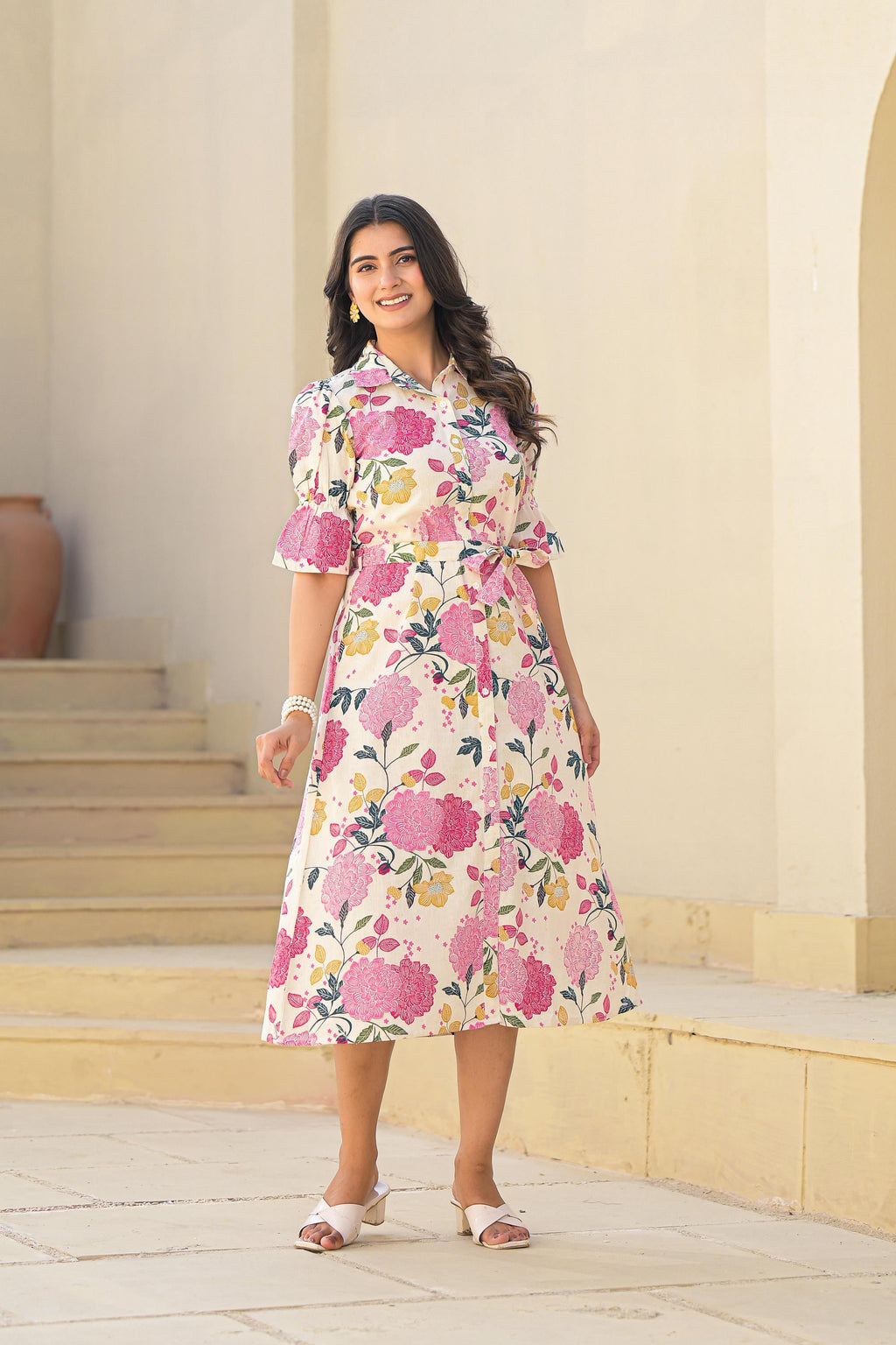 Juniper Pink Floral Printed Cotton Long Dress With Belt - Distacart