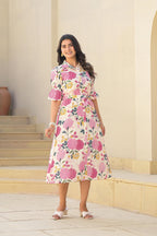 Juniper Pink Floral Printed Cotton Long Dress With Belt - Distacart