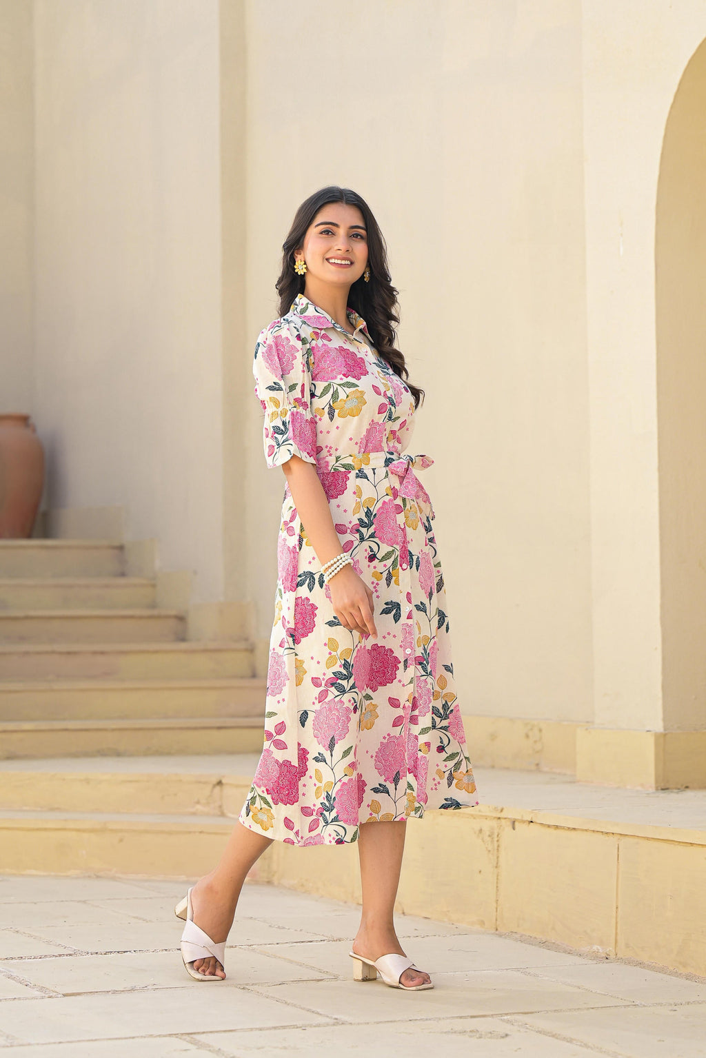 Juniper Pink Floral Printed Cotton Long Dress With Belt - Distacart