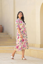 Juniper Pink Floral Printed Cotton Long Dress With Belt - Distacart