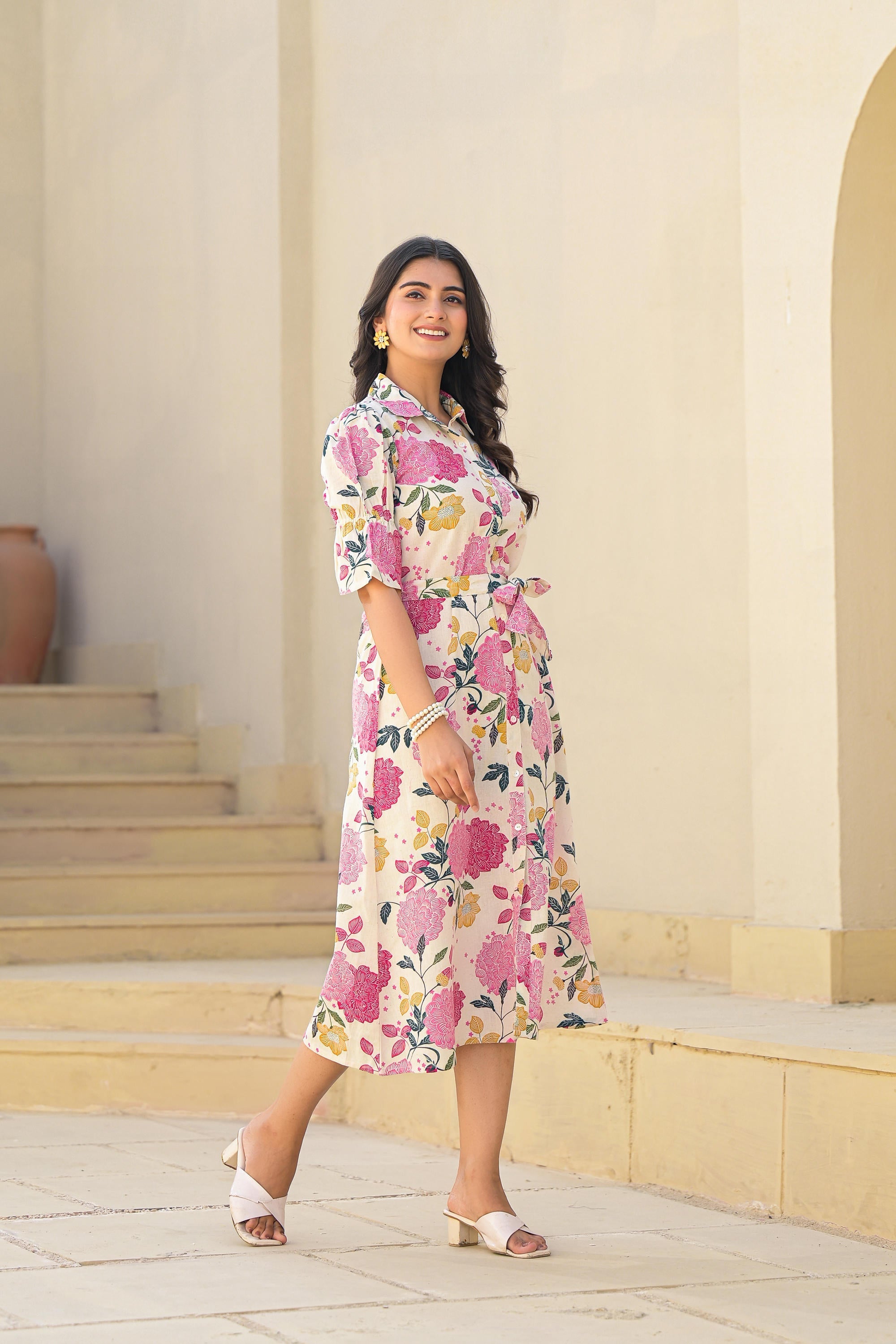Juniper Pink Floral Printed Cotton Long Dress With Belt - Distacart