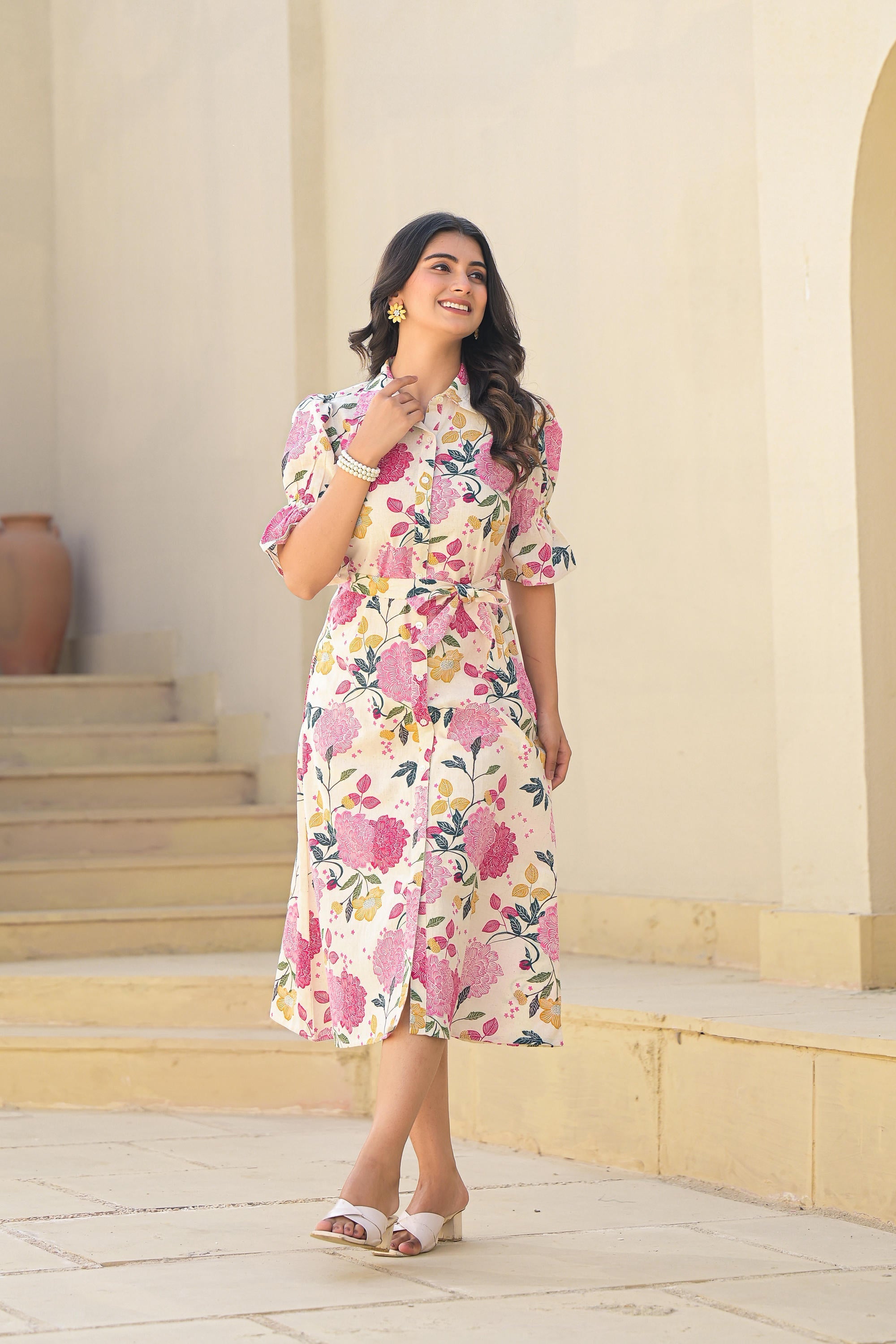 Juniper Pink Floral Printed Cotton Long Dress With Belt - Distacart