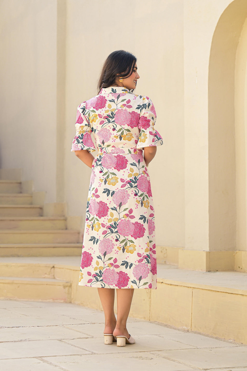 Juniper Pink Floral Printed Cotton Long Dress With Belt - Distacart