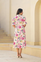 Juniper Pink Floral Printed Cotton Long Dress With Belt - Distacart