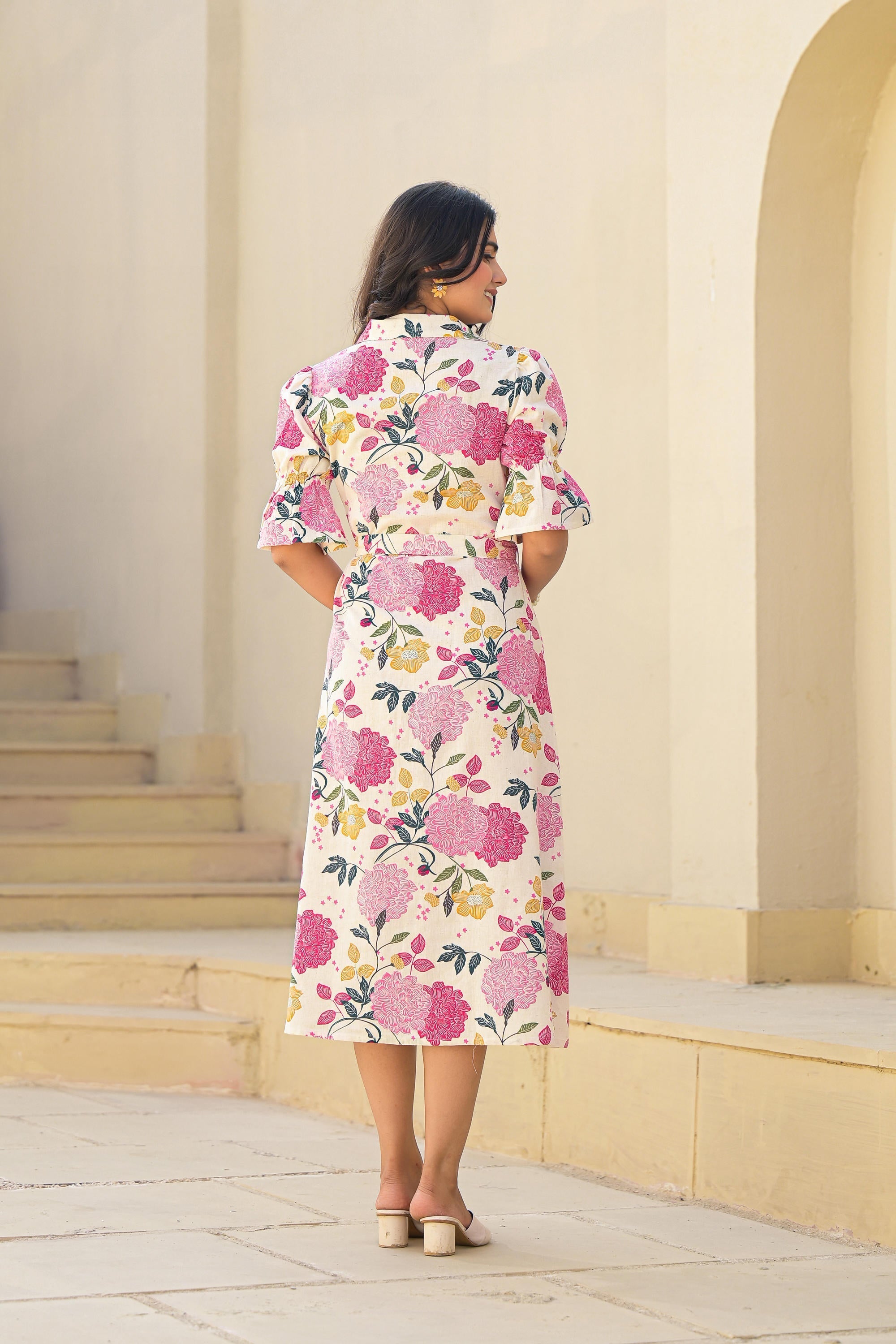 Juniper Pink Floral Printed Cotton Long Dress With Belt - Distacart