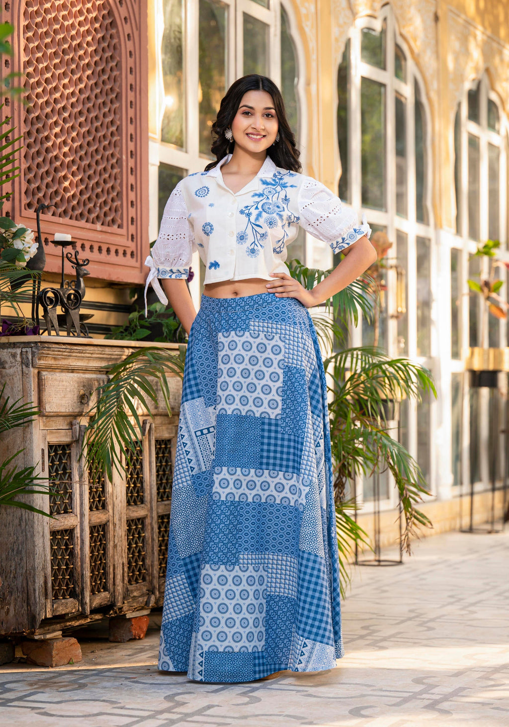 Juniper Blue Geometric Printed Cotton Top & Skirt With Thread Work
