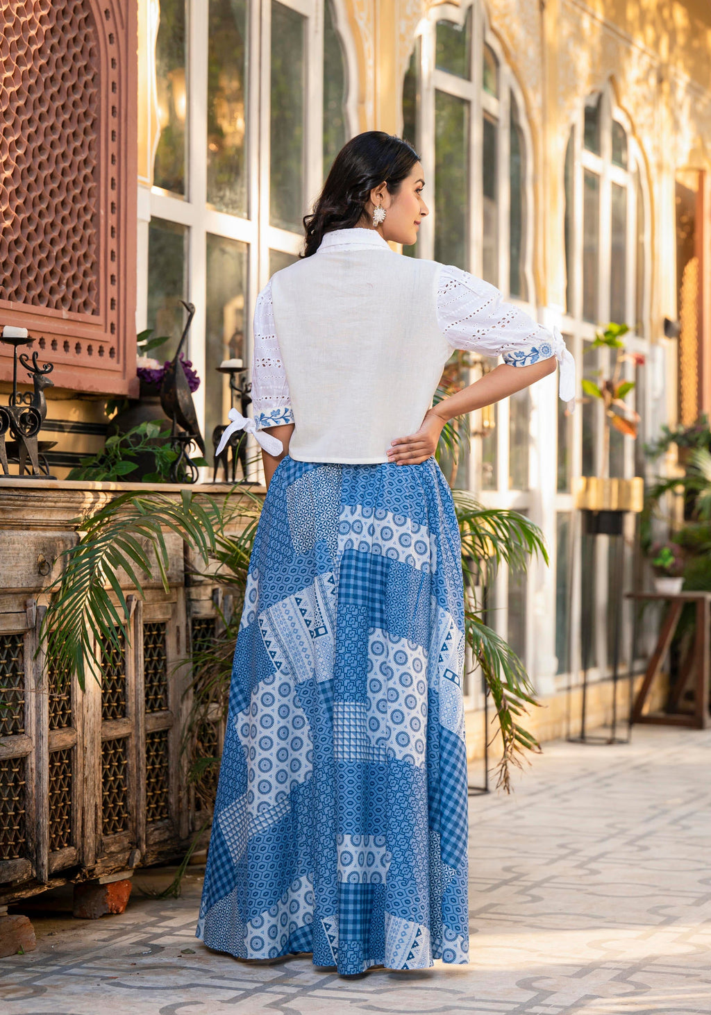 Juniper Blue Geometric Printed Cotton Top & Skirt With Thread Work