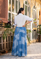 Juniper Blue Geometric Printed Cotton Top & Skirt With Thread Work