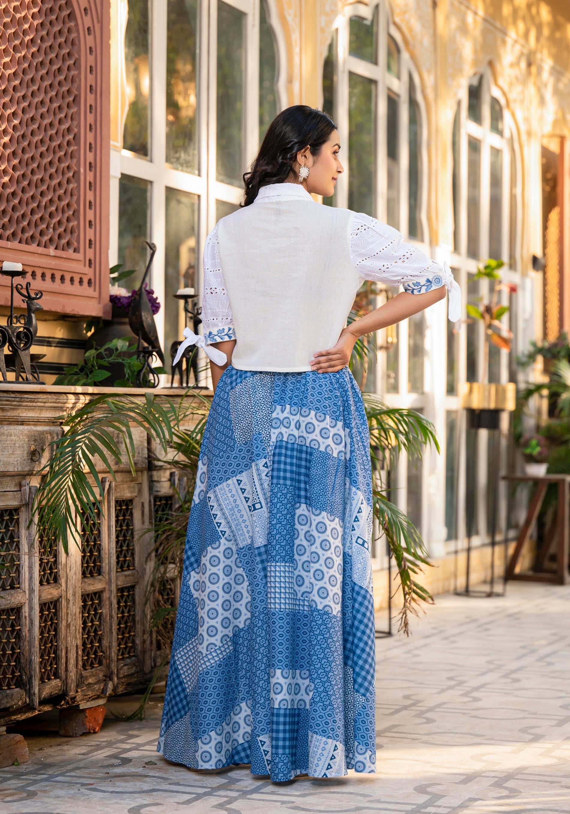 Juniper Blue Geometric Printed Cotton Top & Skirt With Thread Work