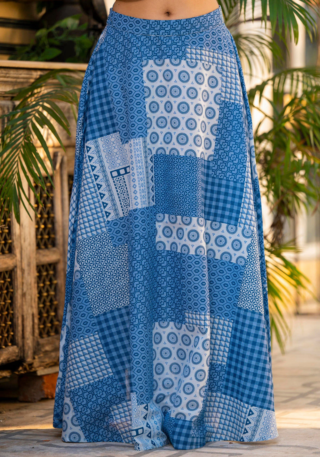Juniper Blue Geometric Printed Cotton Top & Skirt With Thread Work