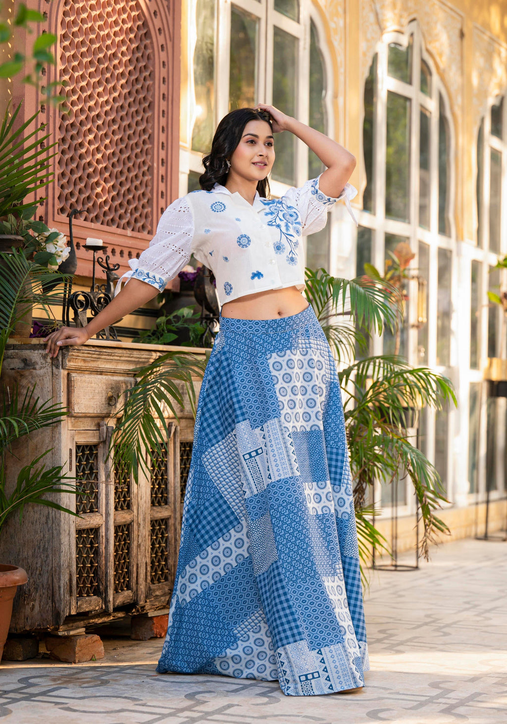 Juniper Blue Geometric Printed Cotton Top & Skirt With Thread Work