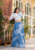 Juniper Blue Geometric Printed Cotton Top & Skirt With Thread Work
