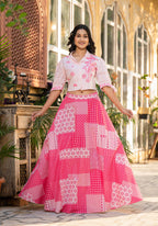 Juniper Pink Geometric Printed Cotton Top & Skirt With Thread Work
